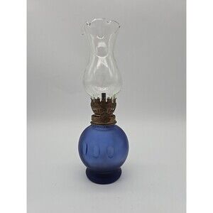 Vtg Miniature Oil Lamp Cobalt Blue Satin Glass Base Scalloped Clear Glass Top